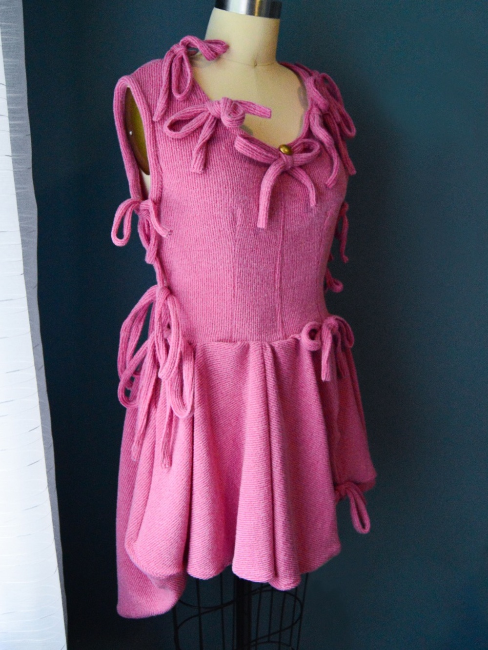 One of One Handmade, Dusty Pink Asymmetrical Soft Knit Mini Dress, with Bows